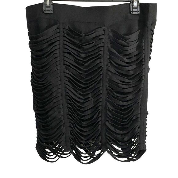 BCBGeneration Black Fitted Skirt Strappy Shredded Ripped Pull-On Sz Large NWT - Picture 1 of 6